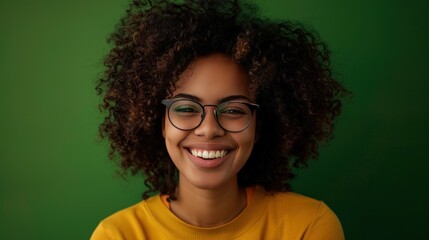 Wall Mural - A woman with curly hair is smiling and wearing glasses. Generate AI image