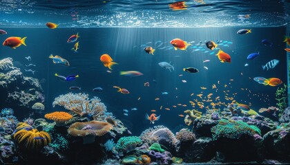 Colorful fish swimming in a reef tank.