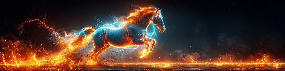 Wall Mural - fantasy fire horse running and jumping, abstract stallion with flames and lightning, majestic blaze pattern with copy space. Design for Wall Art, Poster Print, Wallpaper & Background