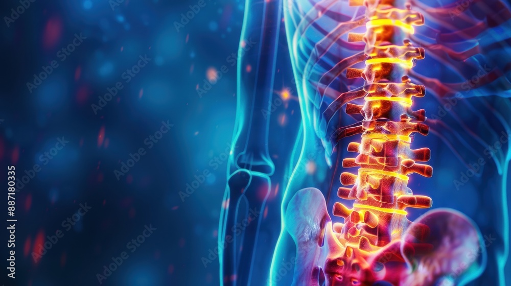 A 3D illustration of the human spine, highlighting the vertebrae and ...