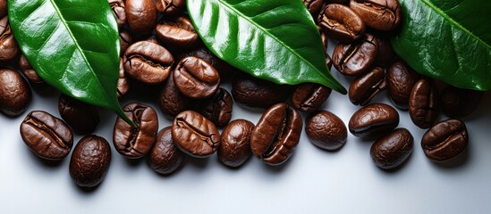 Canvas Print - Coffee Beans and Leaves on White Background