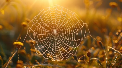 A picturesque and sharp photo of a rain-drenched spider web glistening in the morning light..