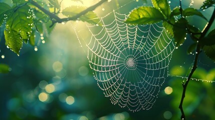 A picturesque and sharp photo of a rain-drenched spider web glistening in the morning light..