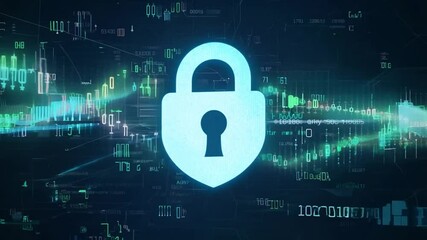 Poster - A glowing blue padlock icon in front of a dark blue background with digital code, representing online security.