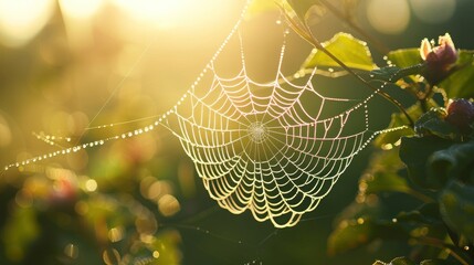 A picturesque and sharp photo of a rain-drenched spider web glistening in the morning light..