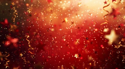 Design a deep red backdrop with golden confetti swirling around