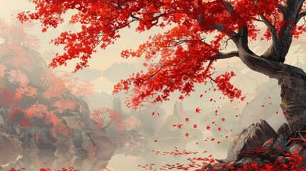 Poster - Japanese autumn scene with red maple leaves