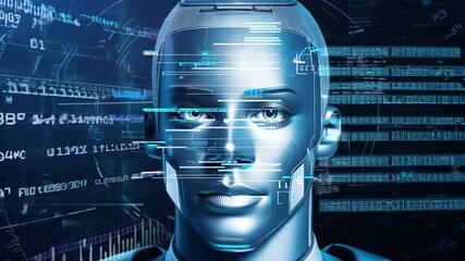 Poster - A digital human's face with blue and white interface lines across it, set against a dark blue background with blurred circles and lines.