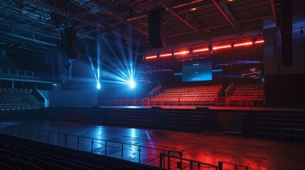 Poster - An empty esports arena stage with blue lights and a large screen. The stage is ready for a big event