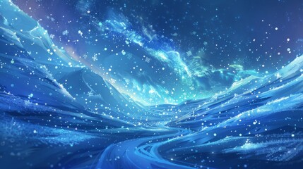 Aufkleber - The image shows a snowy mountain valley at night, with a winding road leading through the scene. Snow is falling and the sky is filled with stars.