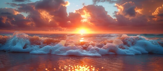 Poster - Sunset over the Ocean with Foamy Waves