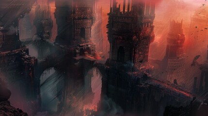 Fototapete - The image depicts a ruined cityscape under a red sky, with tall, broken towers and crumbling bridges.