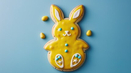 Poster - Easter Bunny Cookie with Yellow Icing on Blue Background