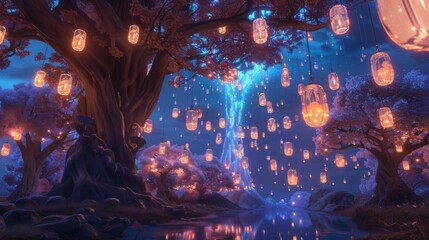 Fototapete - A magical forest at night, lit by hundreds of glowing lanterns hanging from the trees, with a stream flowing through the center of the scene.