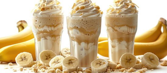 Three Banana Milkshakes with Whipped Cream and Toppings