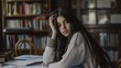 © gn8 - Italian Teenage Girl with Long Dark Hair Sitting in a Cozy Library, Wearing a Sweater, Dreamy Expression, Surrounded by Books