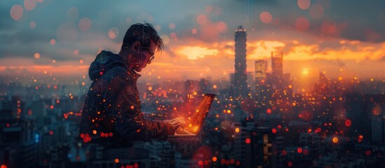 Wall Mural - Silhouette of a Hacker in a Cityscape at Sunset