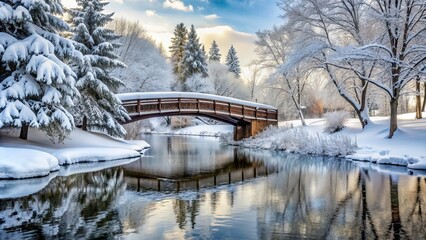 Wall Mural - Winter landscape with a snow-covered bridge, snow, winter, landscape, bridge, white, cold, scenic, snowy, frozen, outdoor, nature