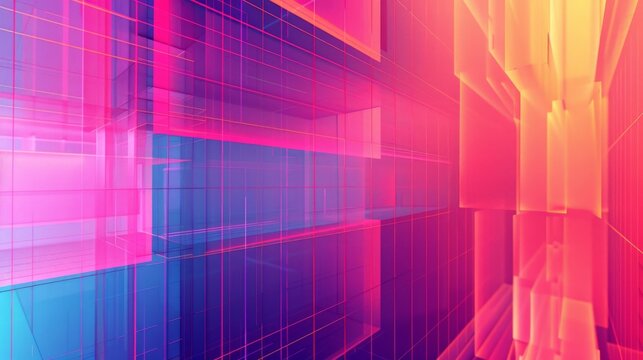 An abstract digital grid with glowing pink, blue, and orange colors