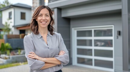 Poster - A beautiful real estate agent stands in front of a house. Generate AI image