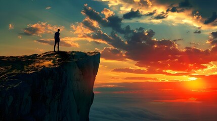 Man standing on top of cliff at sunset