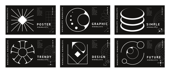 Aufkleber - Horizontal brutal y2k posters of monochrome geometric shapes and abstract line graphic elements. Futuristic silhouettes of sun, planet globe grid, star and sparkle with brutal figures and forms