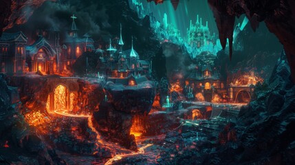 Fototapete - A glowing, fantastical city with pointed towers and arches is built on top of a flowing river of molten lava.