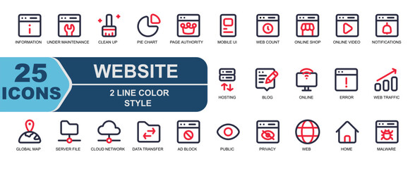 25 website icon set. 2 line color style. related to responsive design icons, page not found, help, s