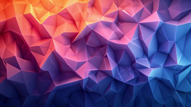 abstract background with triangles, gradient of orange and purple colors on a dark blue background in the style of low poly