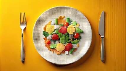 Pixelated plate of food , pixelated, plate, food,digital, design, graphic, pixels, abstract, meal, dish, technology, art