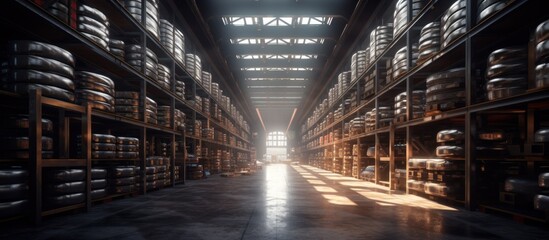 Poster - Industrial Warehouse with Stacked Metal Parts