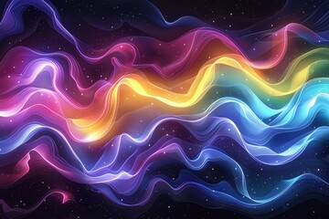 Poster - Glowing neon waves with vibrant colors and abstract patterns in a digital surreal ocean scene.