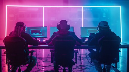 Poster - A multiracial team of gamers, wearing headsets, sits at a desk with their backs to the camera, intently focused on their screens in a neon-lit room