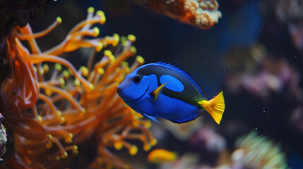 Royal blue tang with ​​tropical fish surrounded by coral reef and anemone in the deep sea underwater.