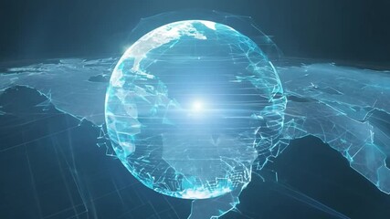 Poster - A digital globe, composed of glowing blue lines, rests at the center of a wireframe world map, creating a visually striking representation of global connectivity.