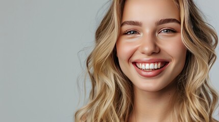 Wall Mural - A woman with blonde hair and blue eyes is smiling and has her mouth open. Generate AI image