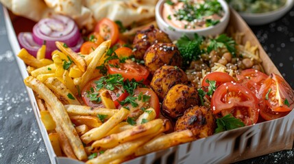 Poster - Frybox with fries, chicken, potato balls, pita and vegetables