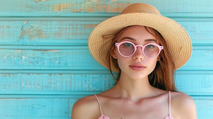 Wall Mural - A woman wearing a pink hat and glasses is standing in front of a blue wall. Generate AI image