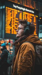 Wall Mural - Guy near airline schedule stock photo Airport, Travel, Student, Arrival Departure Board, Backpack