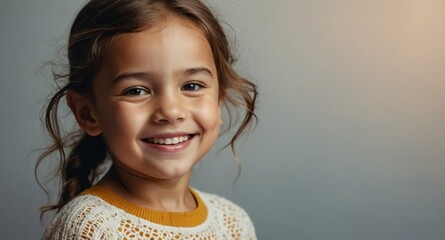 Poster - smiling kid girl bright plain color background banner photo design with copy space