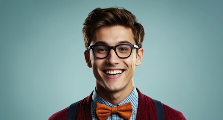 Poster - smiling nerd guy bright plain color background banner photo design with copy space