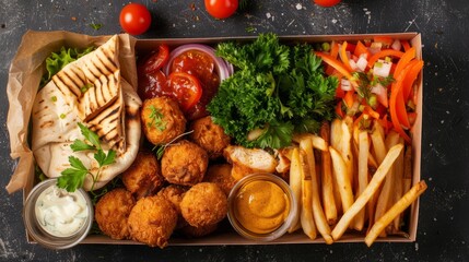 Poster - Frybox with fries, chicken, potato balls, pita and vegetables