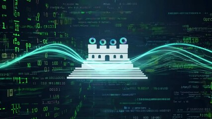Poster - A digital wave pattern with a glowing green hue moves across a dark background with binary code in the background.