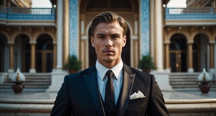 Poster - caucasian guy in formal with palace background banner photo design with copy space