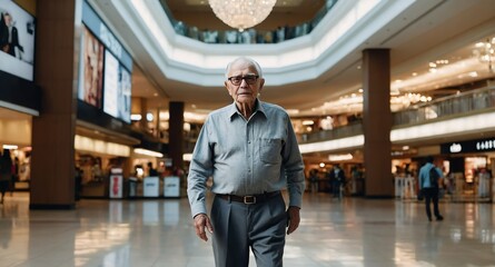 Poster - elderly guy in mall department store background banner photo design with copy space