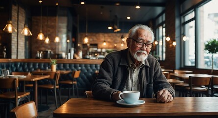 Poster - elderly guy working in cafe restaurant background banner photo design with copy space