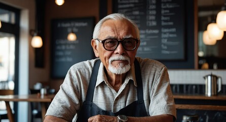 Poster - elderly guy working in cafe restaurant background banner photo design with copy space