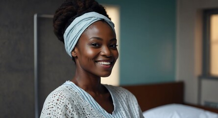 Poster - happy african woman hospital room background banner photo design with copy space