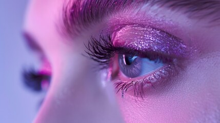 Poster - Close-up of a beautiful woman's eye with long eyelashes. Generate AI image