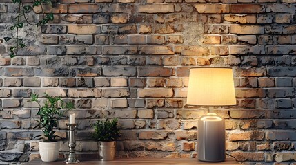 Lamp and home decor on brick wall background. 